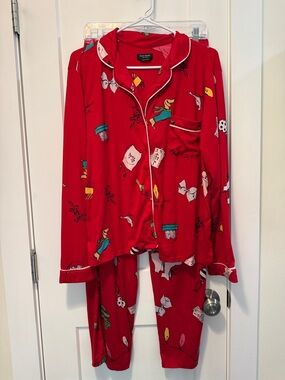 Kate Spade New York Womens 2 Piece Notch Collar Pajama Set Dachshund Red size L